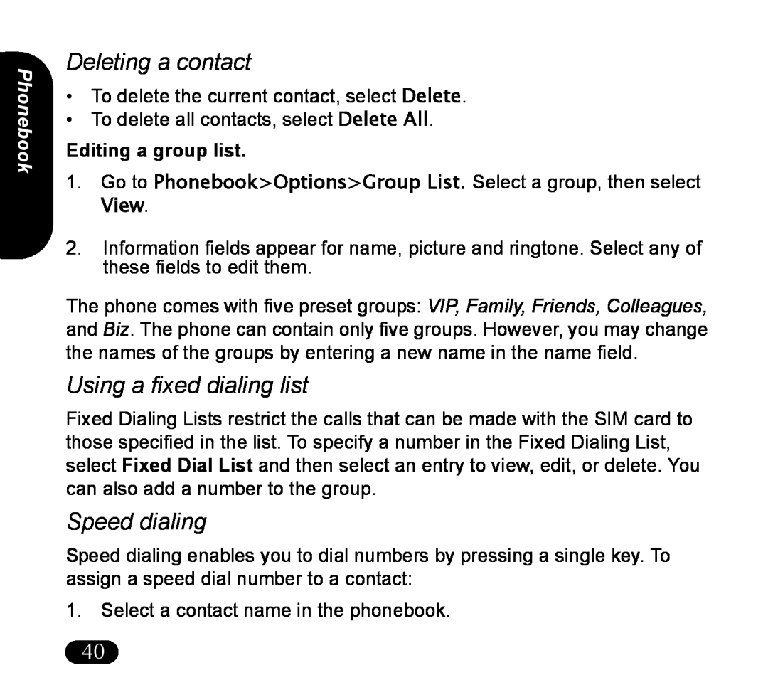Asus V55 manual Deleting a contact, Using a fixed dialing list, Speed dialing, Phonebook, Editing a group list 