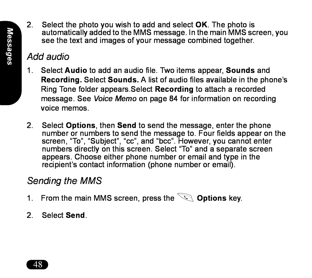 Asus V55 manual Add audio, Sending the MMS, Messages 