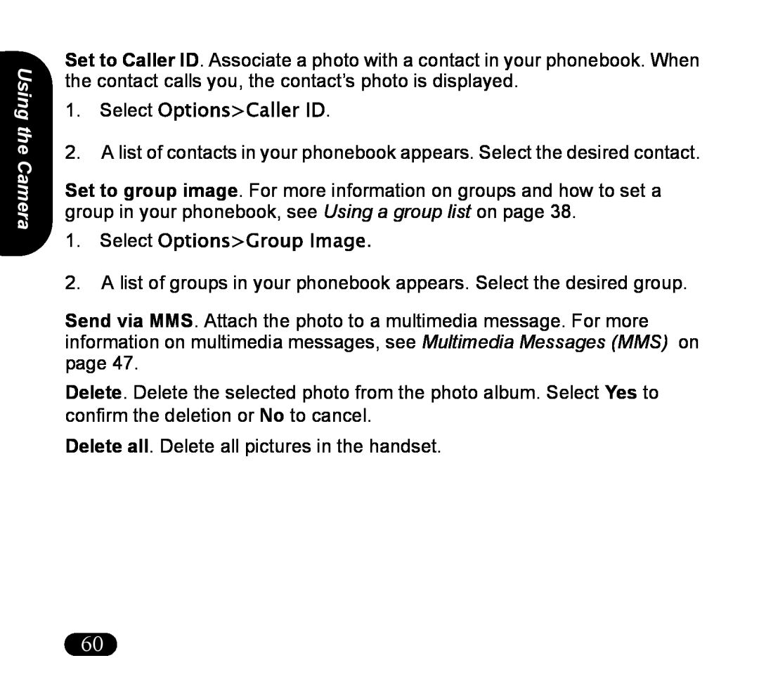 Asus V55 manual Using the Camera, Select OptionsCaller ID, Select OptionsGroup Image 