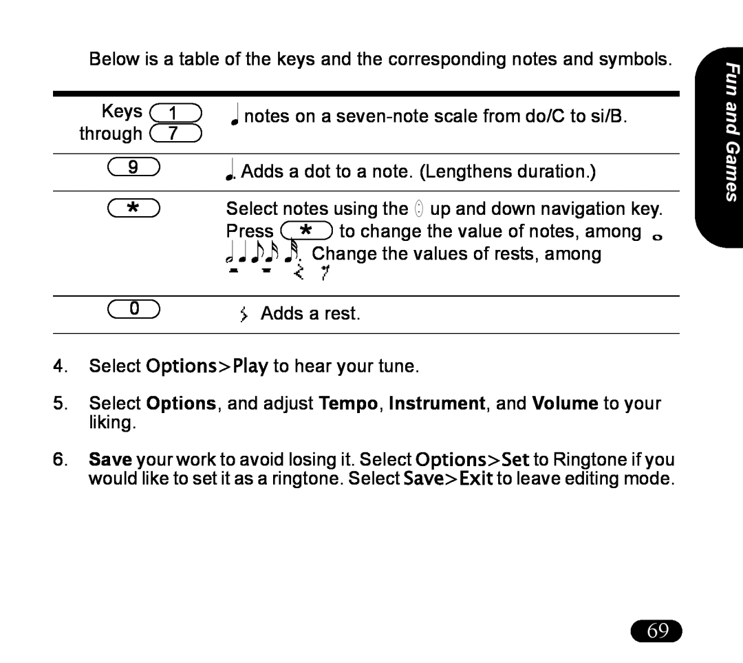 Asus V55 manual Below is a table of the keys and the corresponding notes and symbols, Fun and Games 
