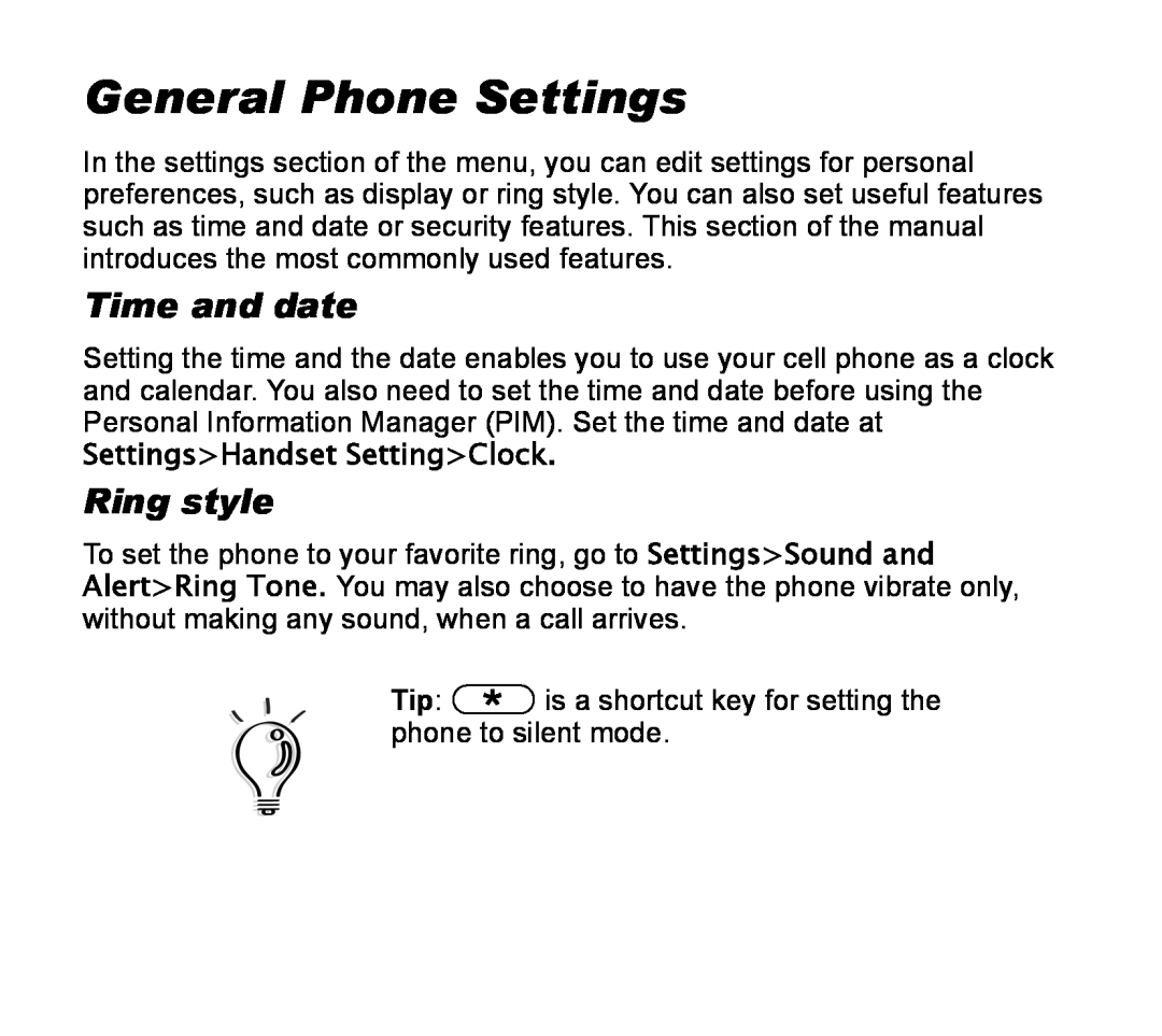 Asus V55 manual General Phone Settings, Time and date, Ring style, SettingsHandset SettingClock 