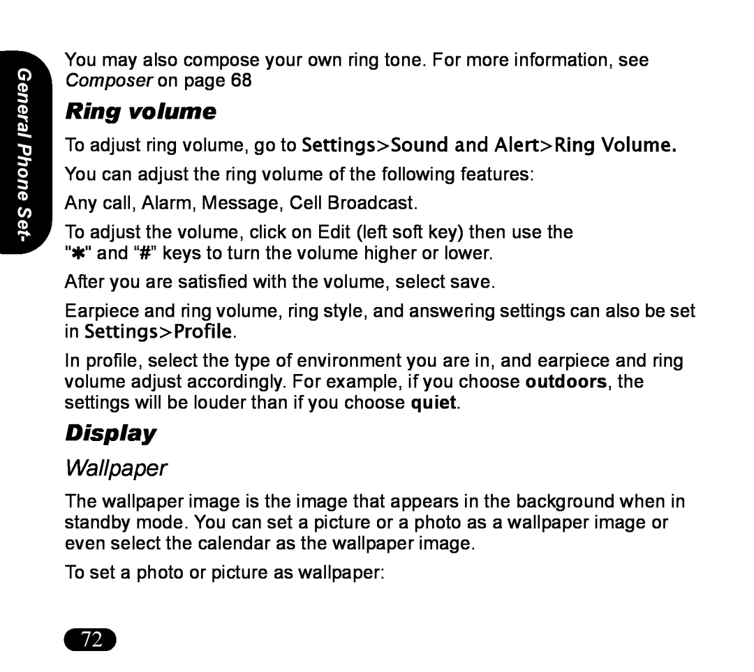 Asus V55 manual Ring volume, Display, Wallpaper, General Phone Set 