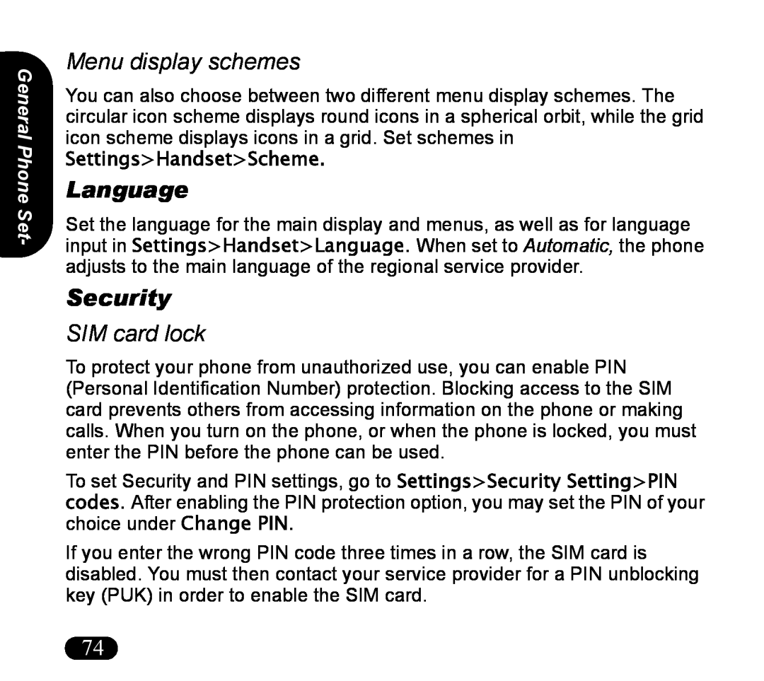 Asus V55 manual Menu display schemes, Language, Security, SIM card lock, General Phone Set, SettingsHandsetScheme 