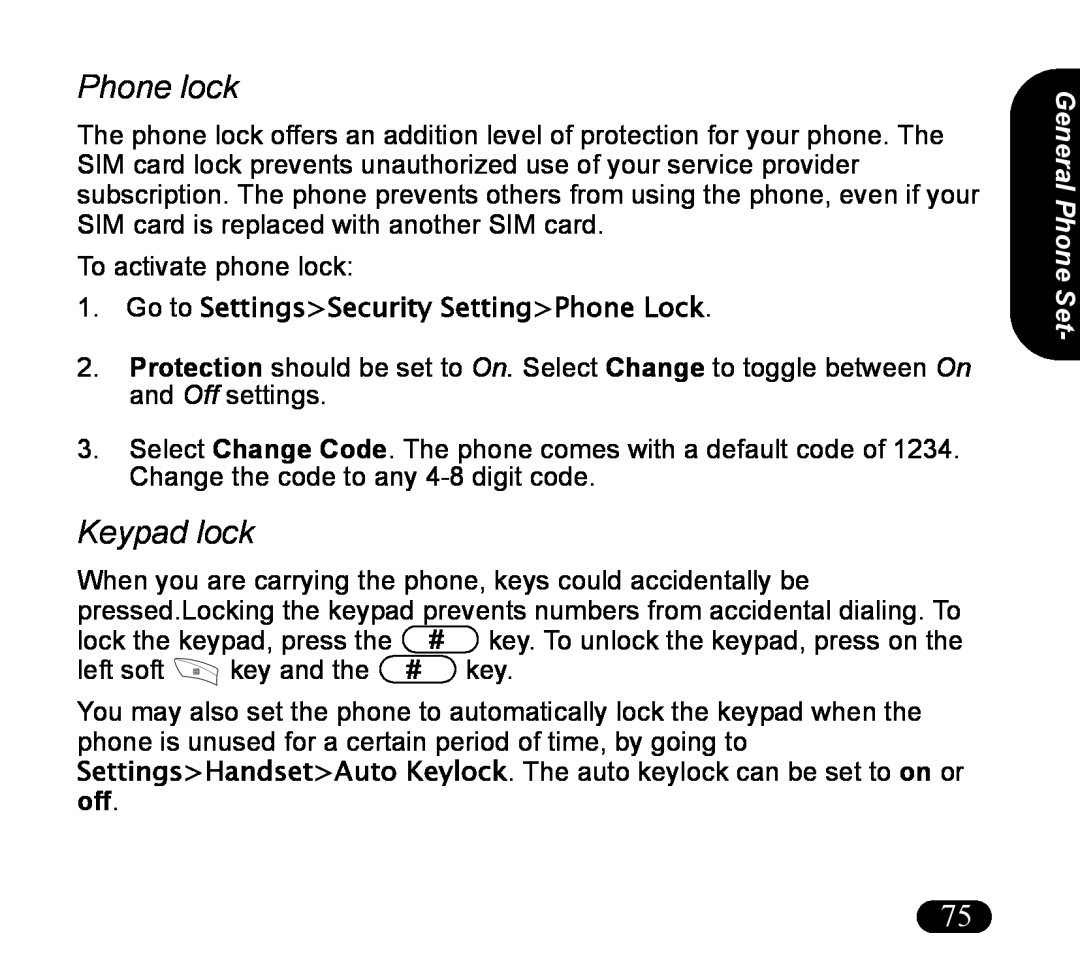 Asus V55 manual Phone lock, Keypad lock, Go to SettingsSecurity SettingPhone Lock, General Phone Set 