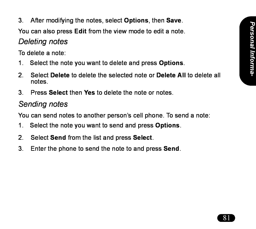 Asus V55 manual Deleting notes, Sending notes, Personal Informa 