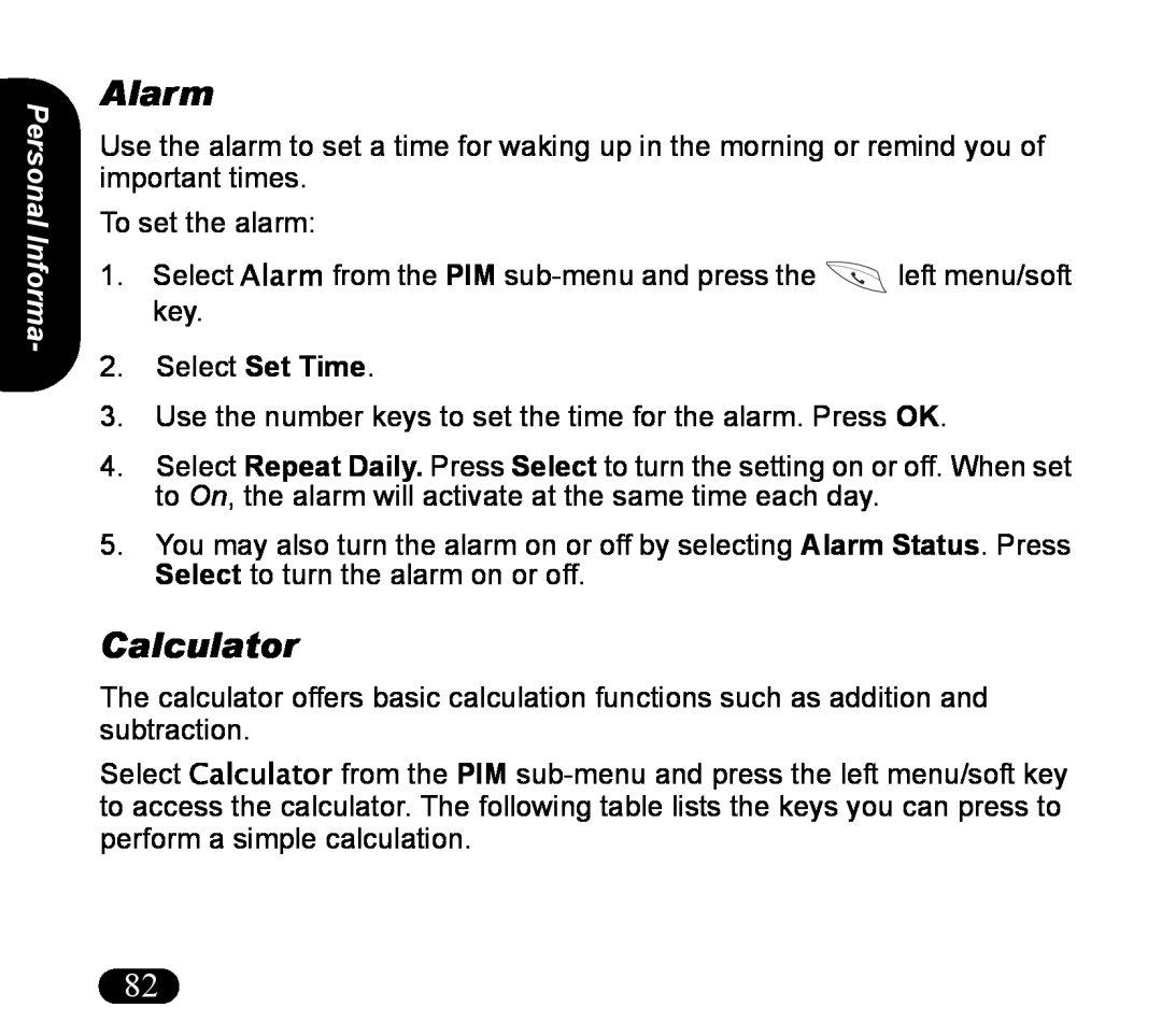 Asus V55 manual Alarm, Calculator, Personal Informa 