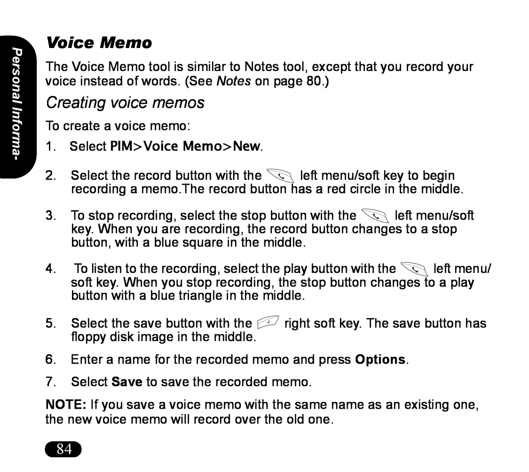 Asus V55 manual Creating voice memos, Personal Informa, Select PIMVoice MemoNew 