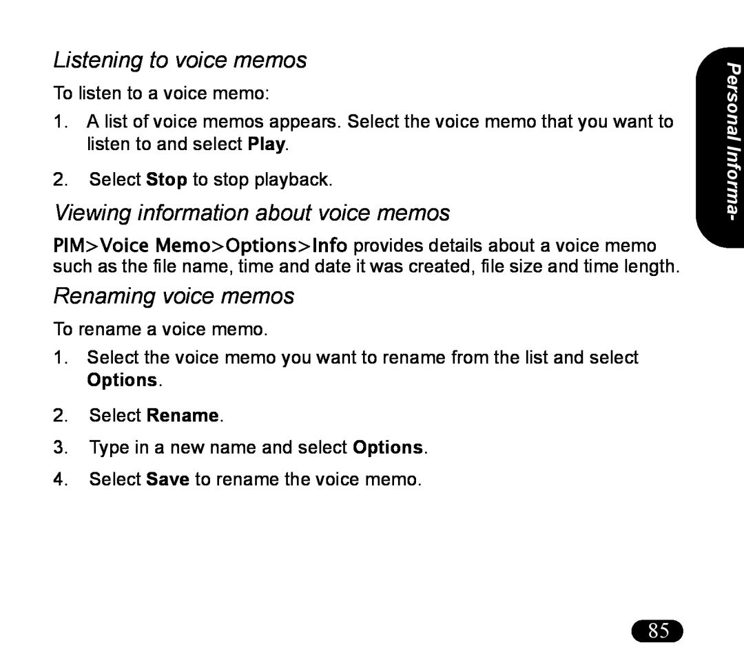 Asus V55 manual Listening to voice memos, Viewing information about voice memos, Renaming voice memos, Personal Informa 