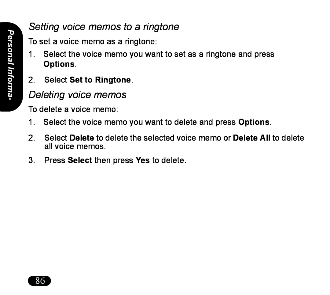 Asus V55 manual Setting voice memos to a ringtone, Deleting voice memos, Personal Informa, Select Set to Ringtone 