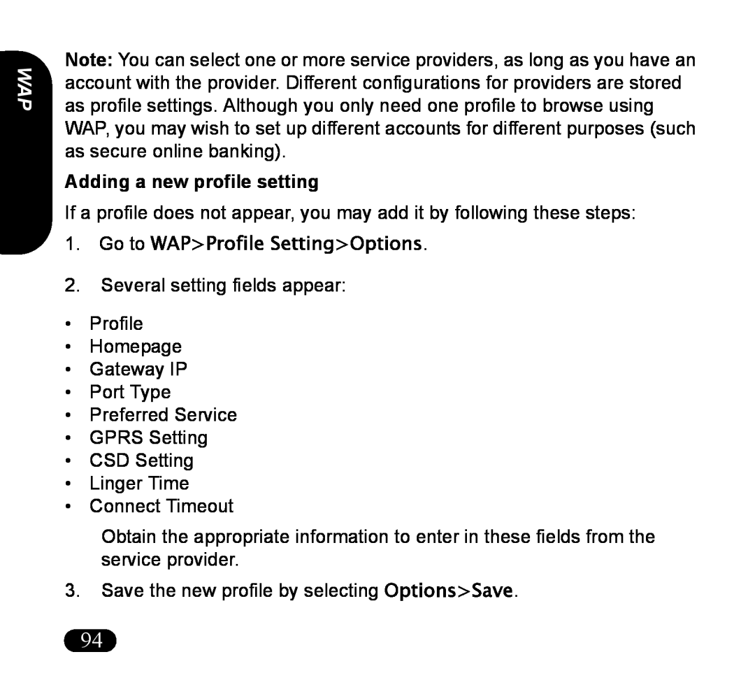 Asus V55 manual Adding a new profile setting, Go to WAPProfile SettingOptions 