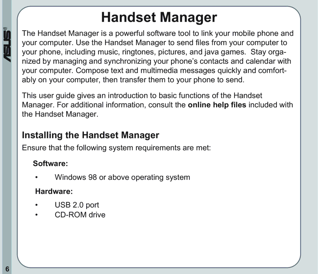 Asus V66 user manual Installing the Handset Manager, Software, Hardware 