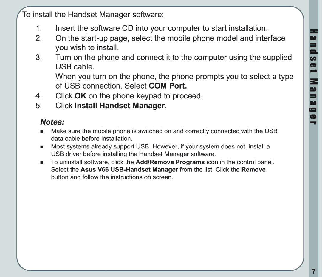 Asus V66 user manual Click Install Handset Manager 