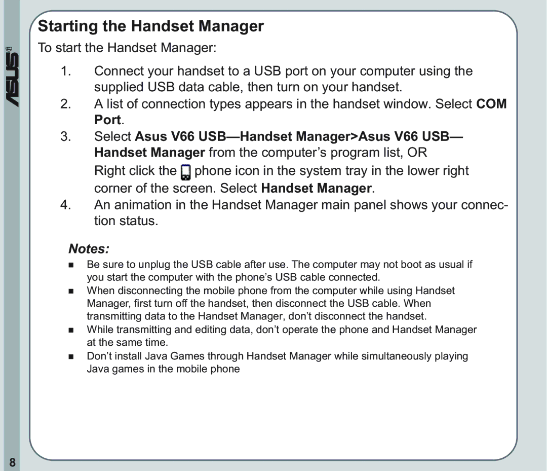 Asus V66 user manual Starting the Handset Manager 