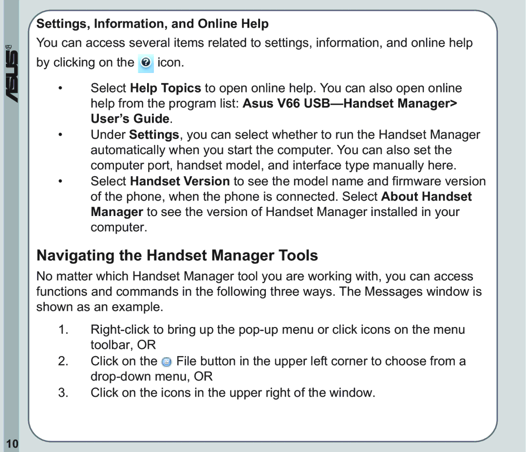 Asus V66 user manual Navigating the Handset Manager Tools, Settings, Information, and Online Help 