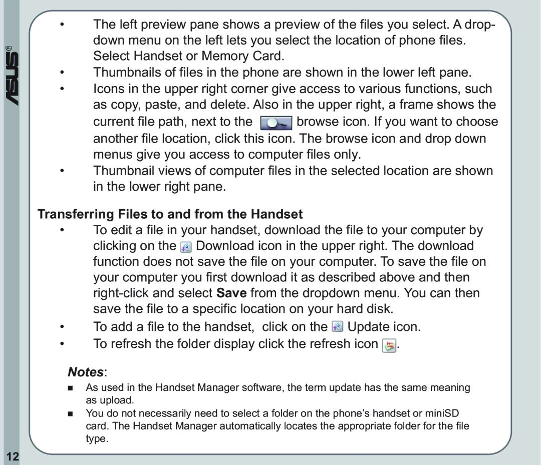 Asus V66 user manual Transferring Files to and from the Handset 