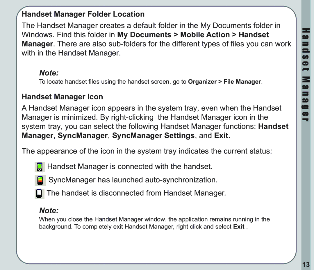 Asus V66 user manual Handset Manager Folder Location, Handset Manager Icon 