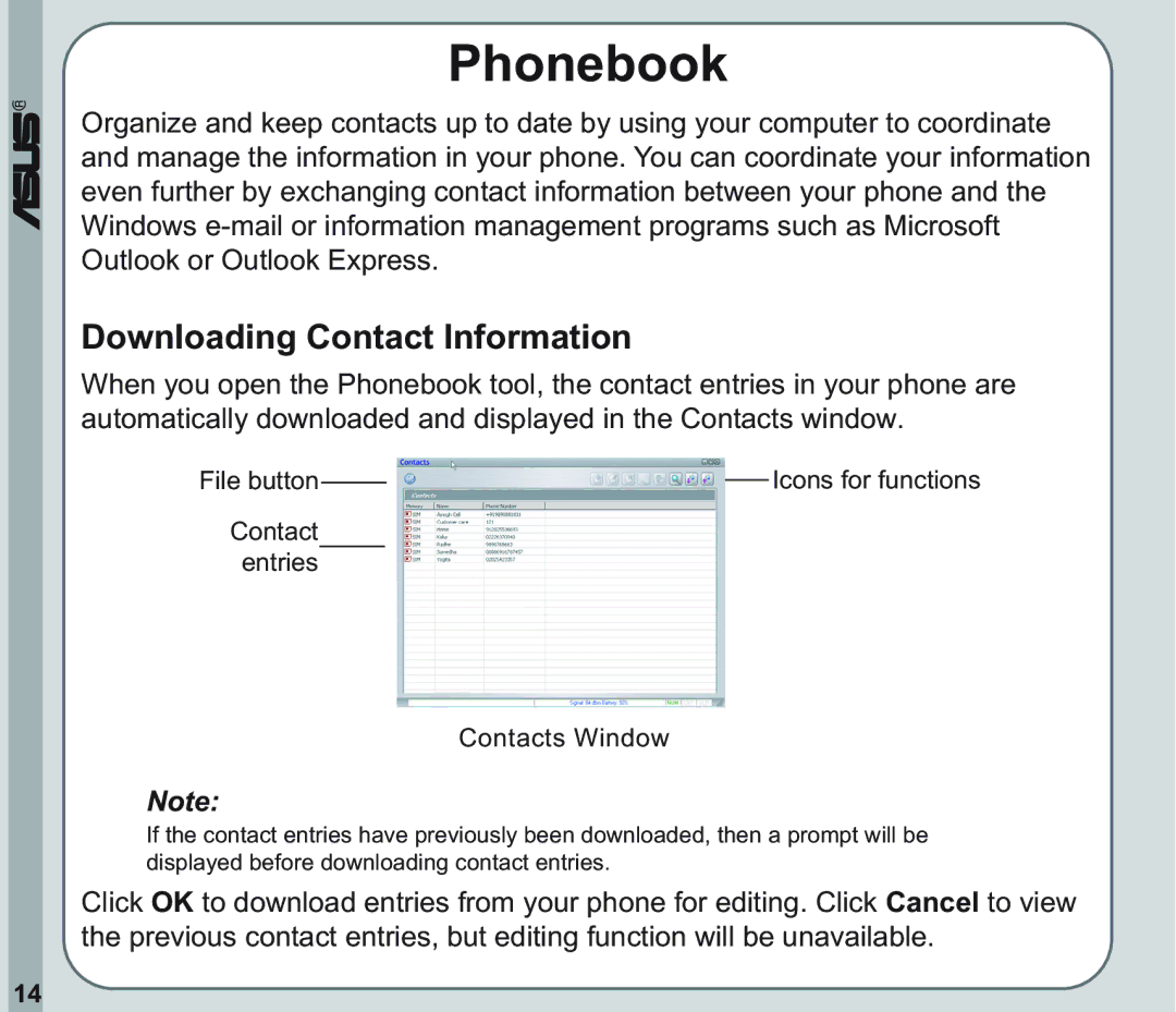 Asus V66 user manual Phonebook, Downloading Contact Information 