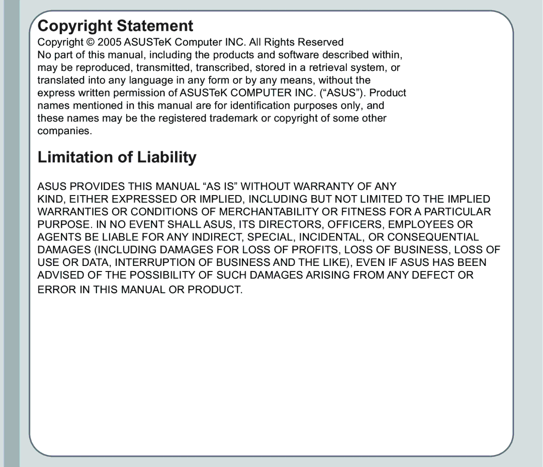 Asus V66 user manual Copyright Statement, Limitation of Liability 