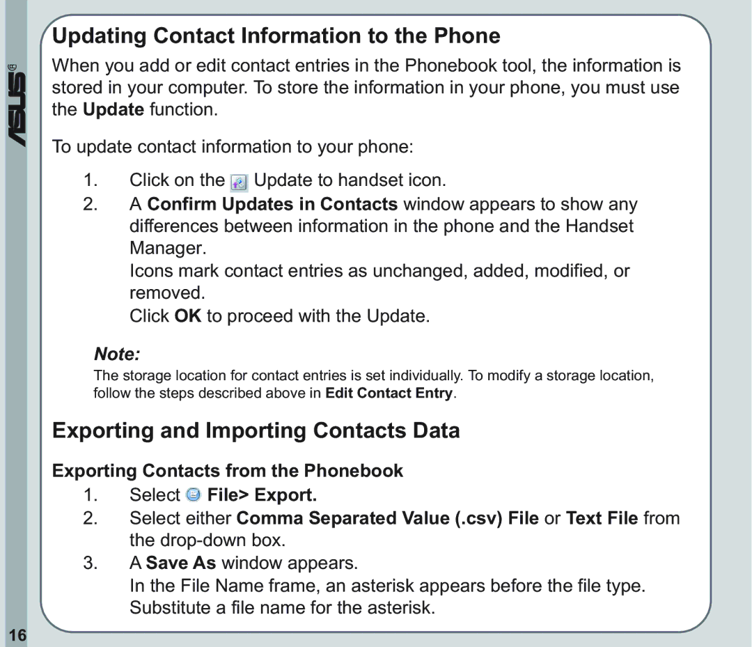 Asus V66 user manual Updating Contact Information to the Phone, Exporting and Importing Contacts Data 