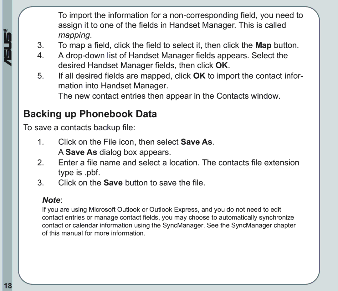 Asus V66 user manual Backing up Phonebook Data 