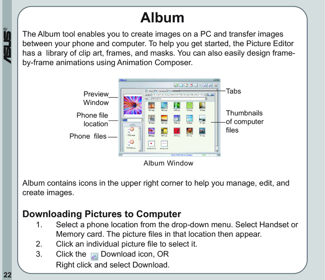 Asus V66 user manual Album, Downloading Pictures to Computer 