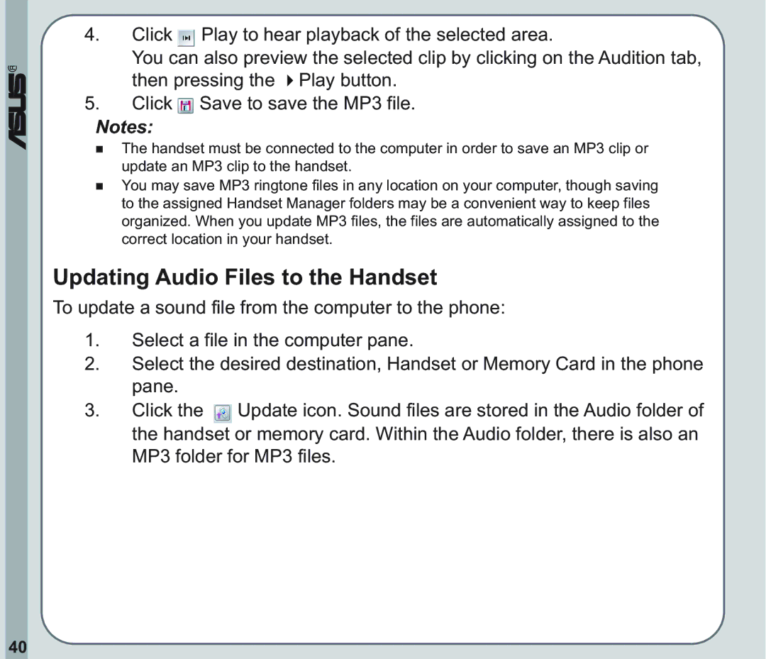 Asus V66 user manual Updating Audio Files to the Handset 