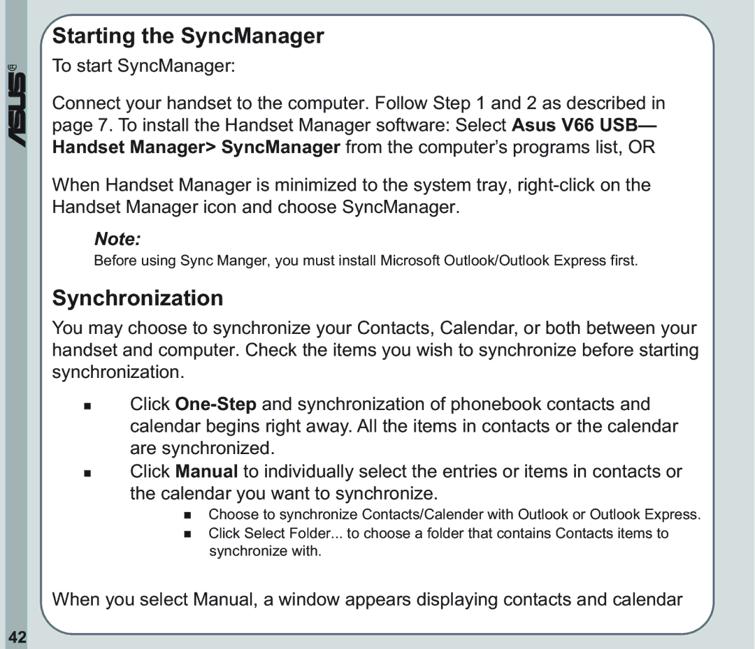 Asus V66 user manual Starting the SyncManager, Synchronization 