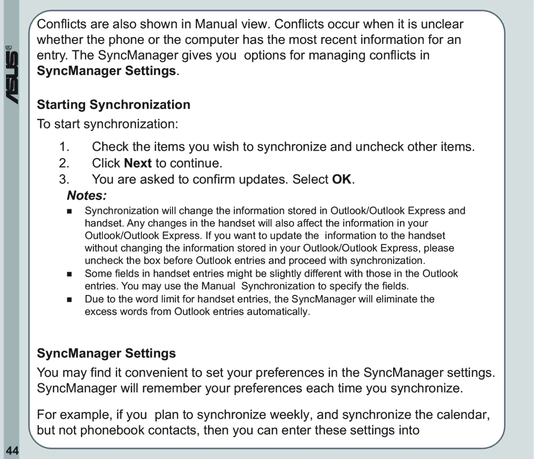 Asus V66 user manual Starting Synchronization, SyncManager Settings 