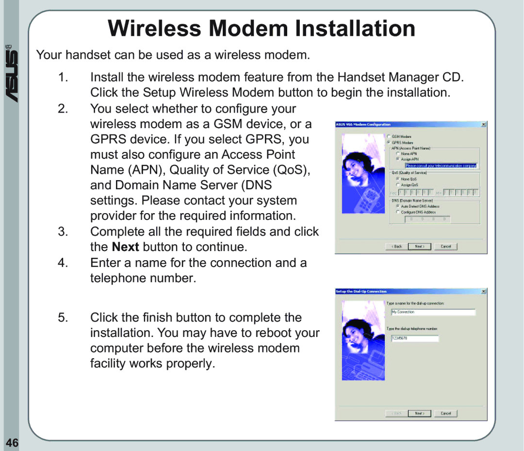 Asus V66 user manual Wireless Modem Installation 