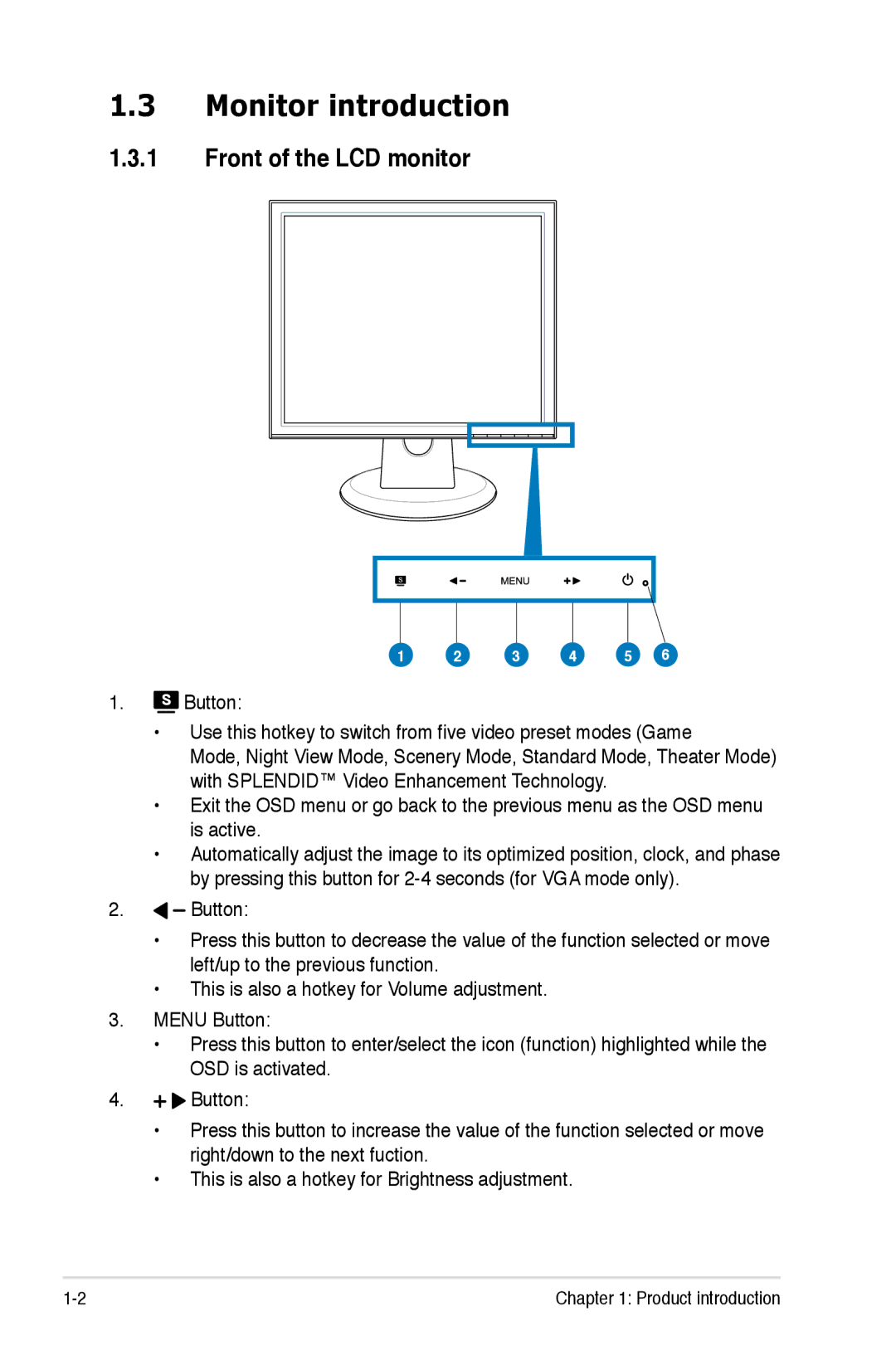 Asus VB172 manual Monitor introduction, Front of the LCD monitor 