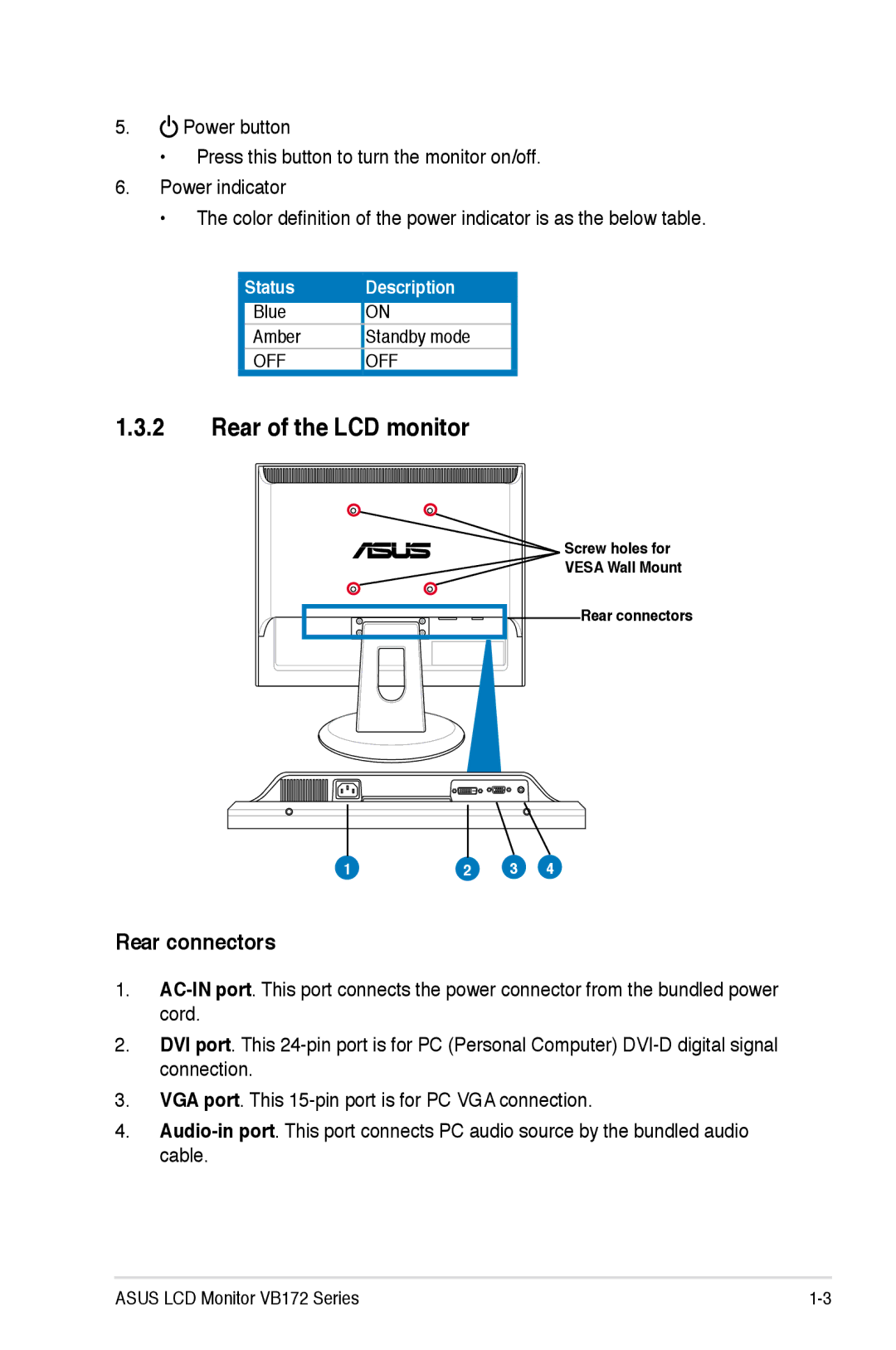 Asus VB172 manual Rear of the LCD monitor, Rear connectors 