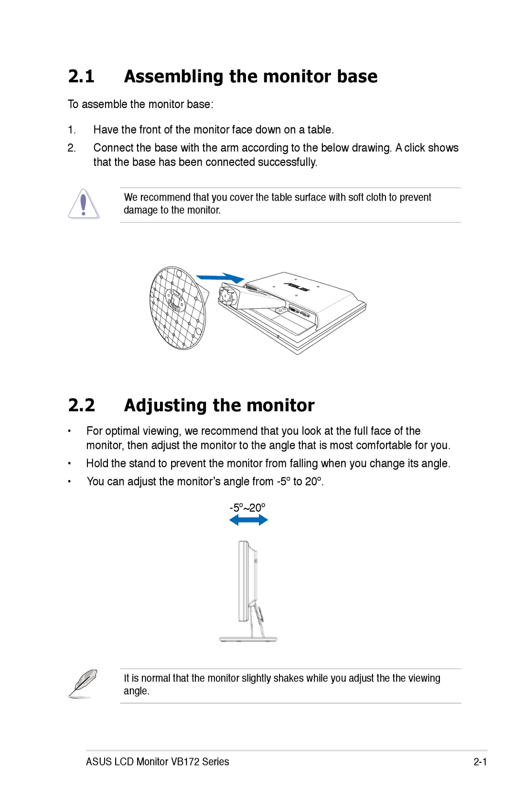 Asus VB172 manual Assembling the monitor base, Adjusting the monitor 