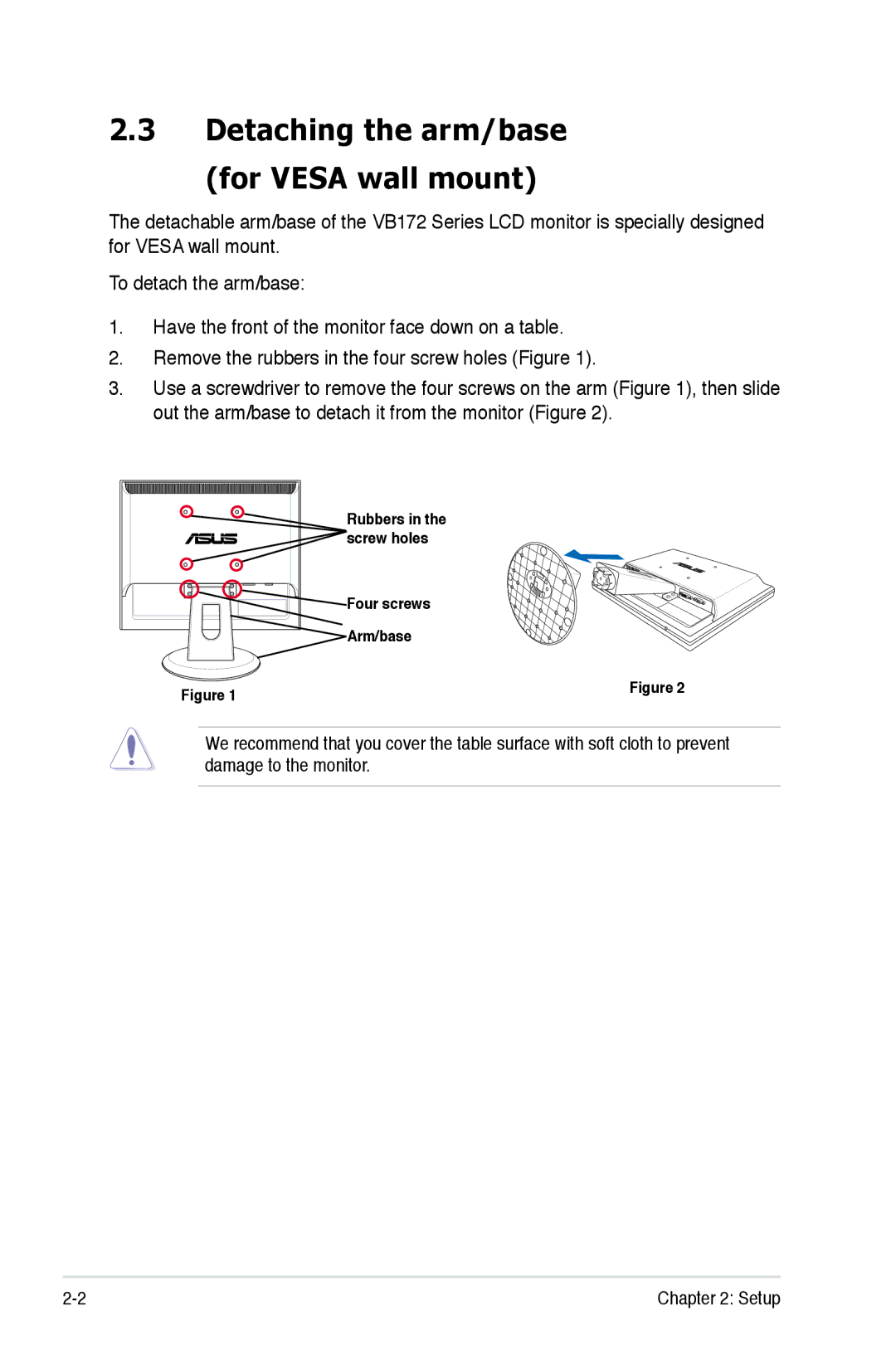 Asus VB172 manual Detaching the arm/base For Vesa wall mount 