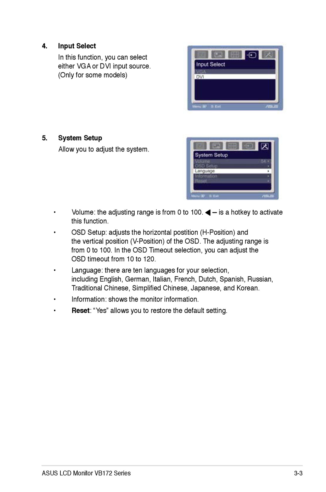 Asus VB172 manual Input Select, System Setup 