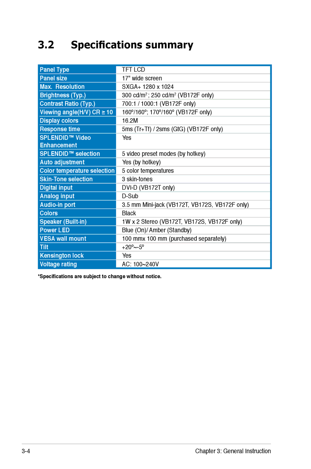 Asus VB172 manual Specifications summary, Tft Lcd 