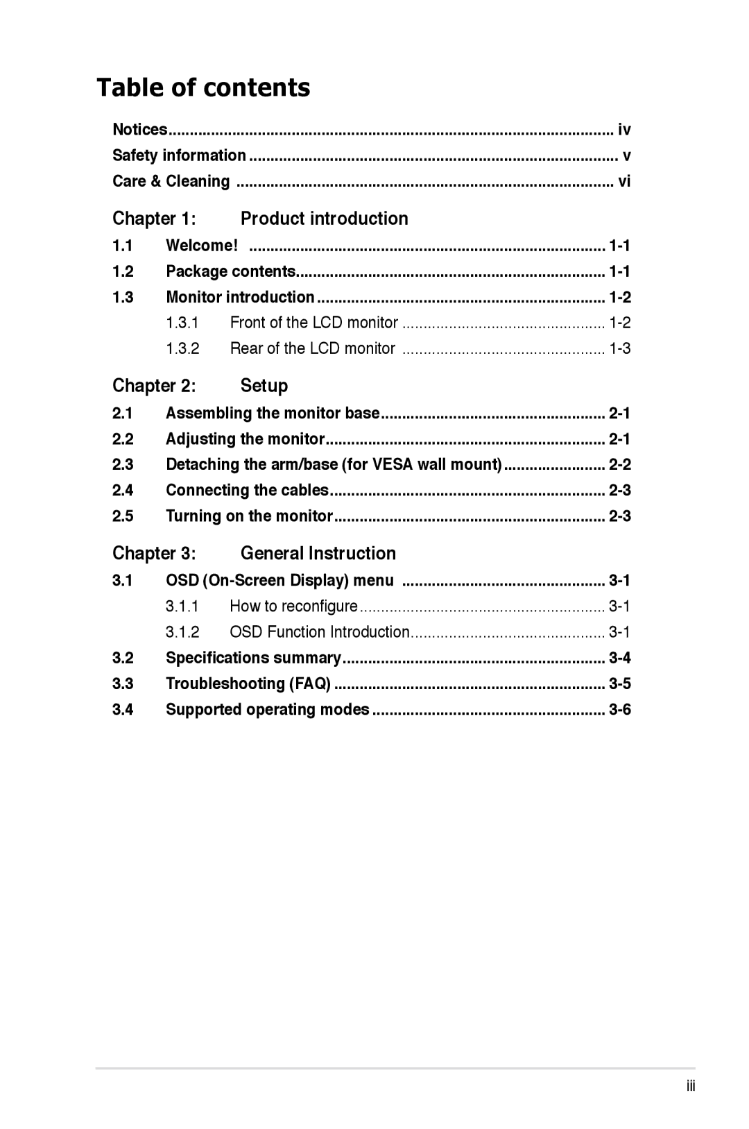 Asus VB172 manual Table of contents 