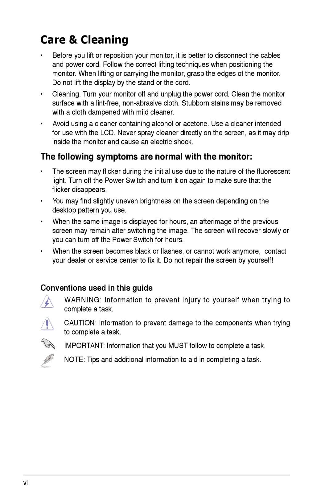 Asus VB172 manual Care & Cleaning, Following symptoms are normal with the monitor, Conventions used in this guide 