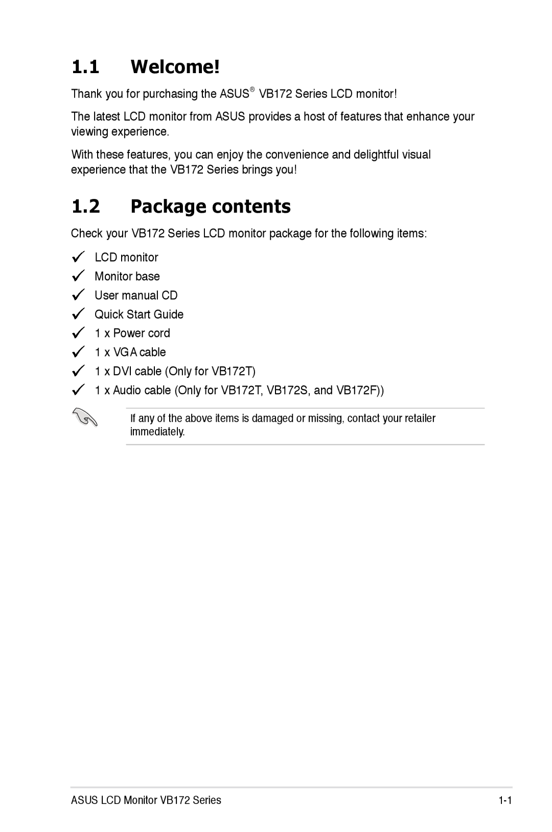 Asus VB172 manual Welcome, Package contents 