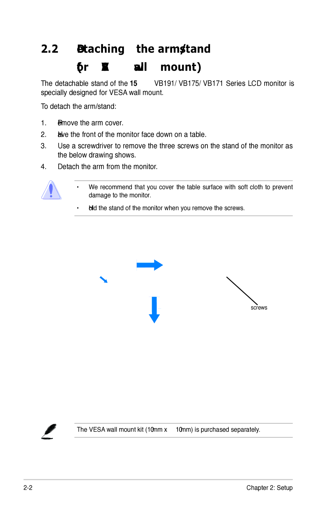Asus VB195, VB171, VB191, VB175 manual Detaching the arm/stand For Vesa wall mount 