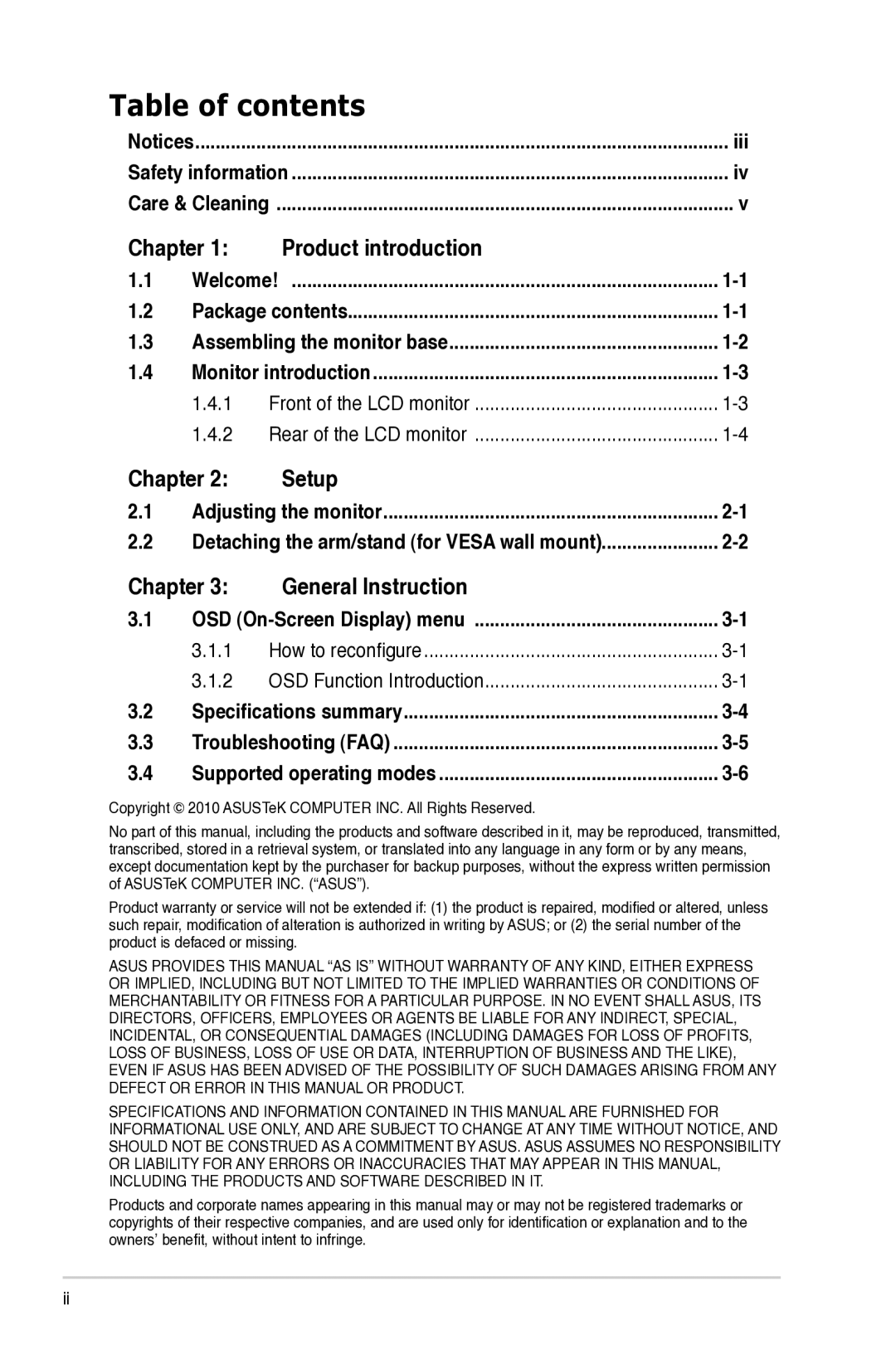 Asus VB191, VB195, VB171, VB175 manual Table of contents 