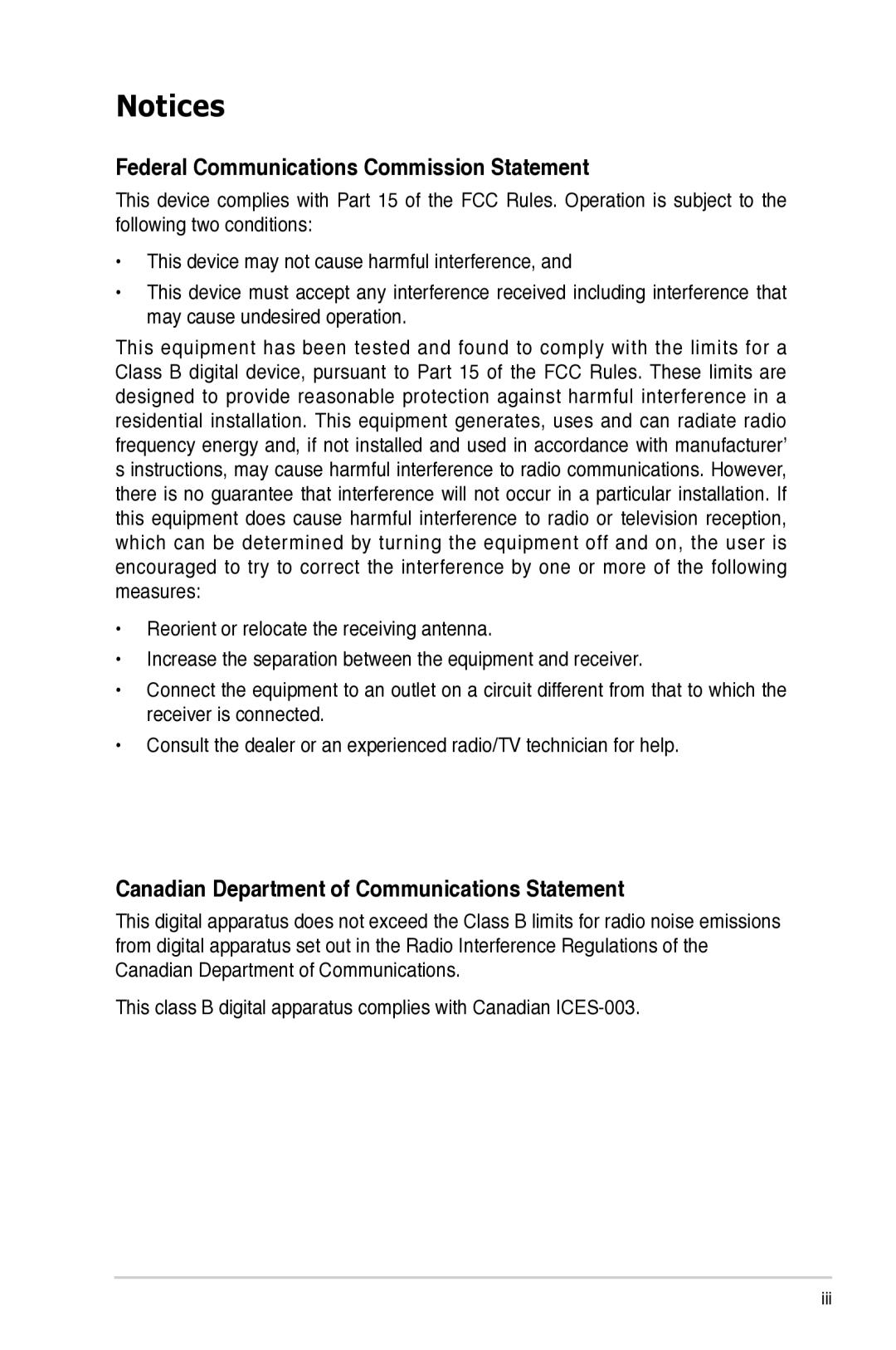 Asus VB175, VB195, VB171, VB191 Federal Communications Commission Statement, Canadian Department of Communications Statement 