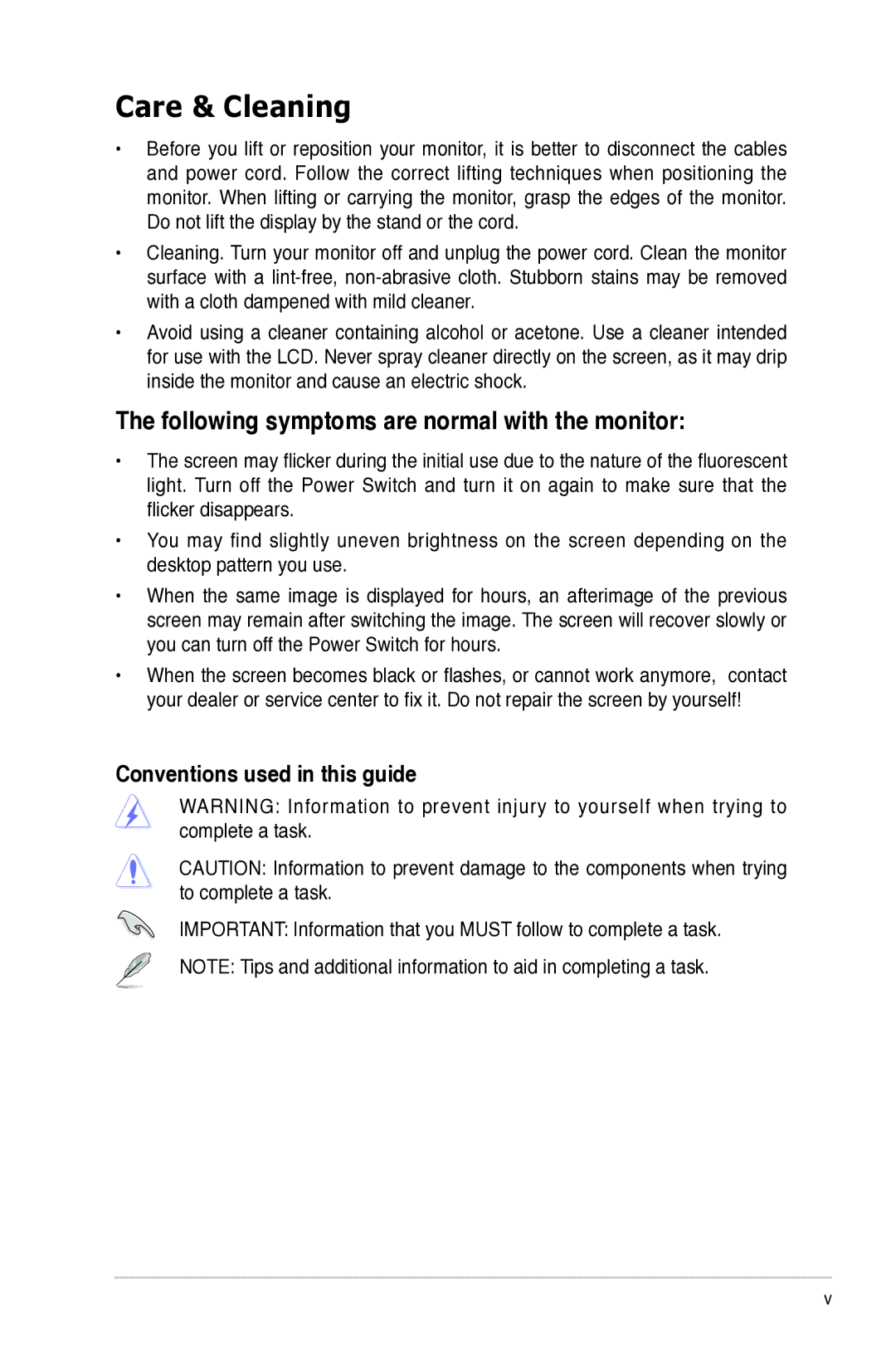 Asus VB171, VB195, VB191 Care & Cleaning, Following symptoms are normal with the monitor, Conventions used in this guide 