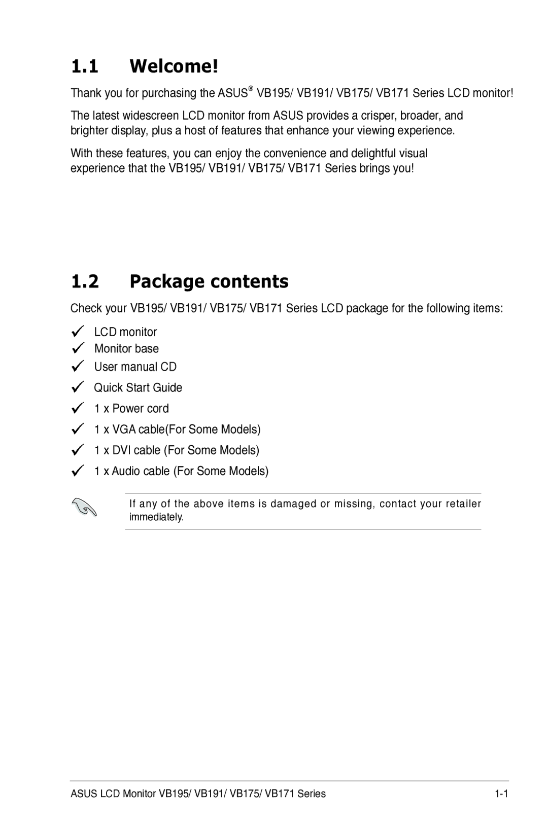 Asus VB175, VB195, VB171, VB191 manual Welcome, Package contents 