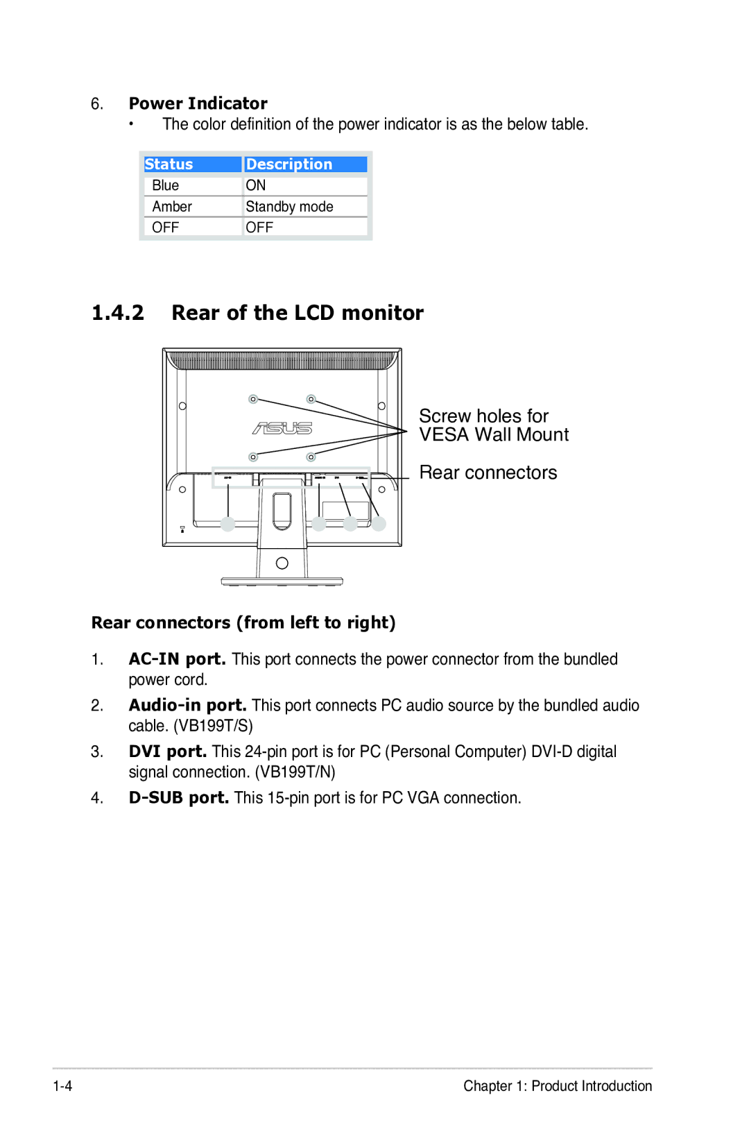 Asus VB199 Series manual Rear of the LCD monitor, Power Indicator, Rear connectors from left to right 