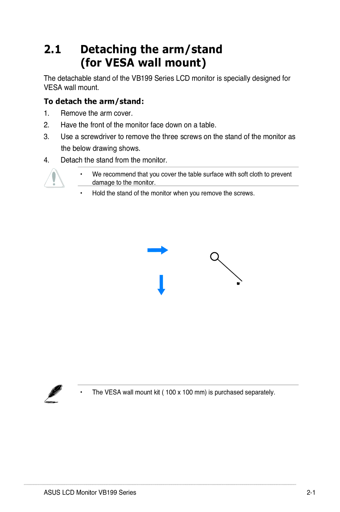 Asus VB199 Series manual Detaching the arm/stand for Vesa wall mount, To detach the arm/stand 