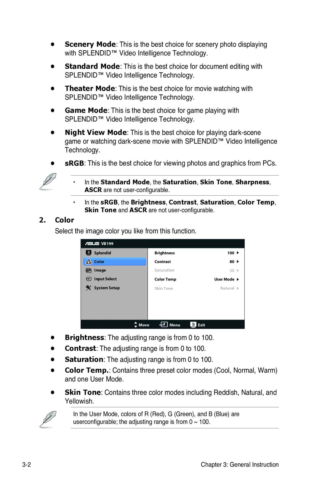 Asus VB199 Series manual Color, Select the image color you like from this function 