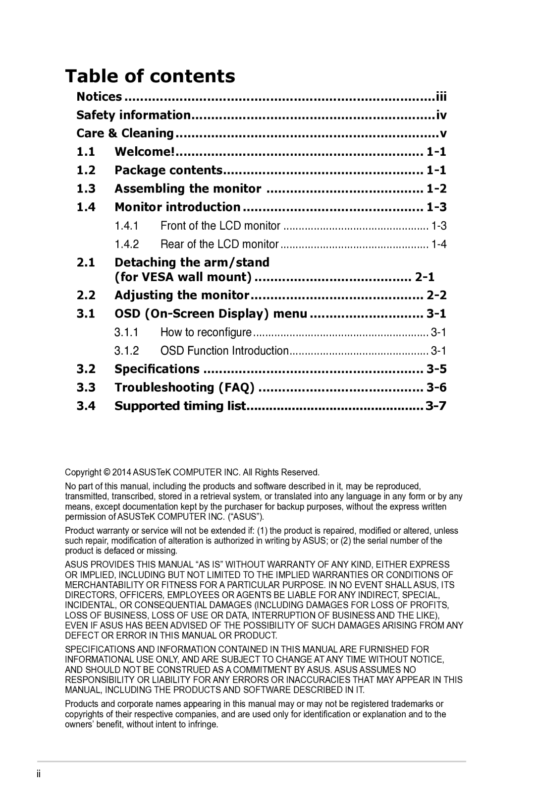 Asus VB199 Series manual Table of contents 