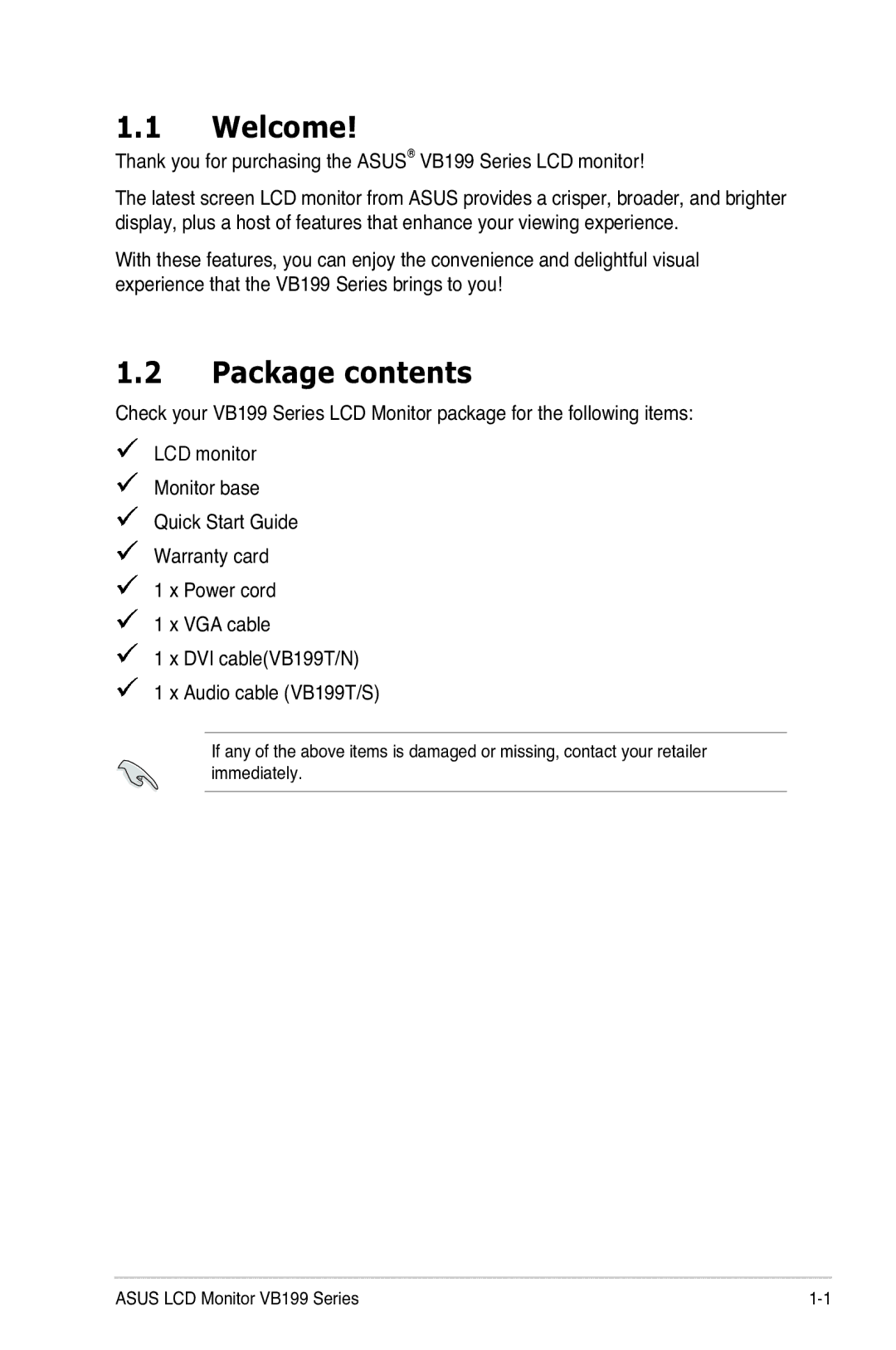 Asus VB199 Series manual Welcome, Package contents 