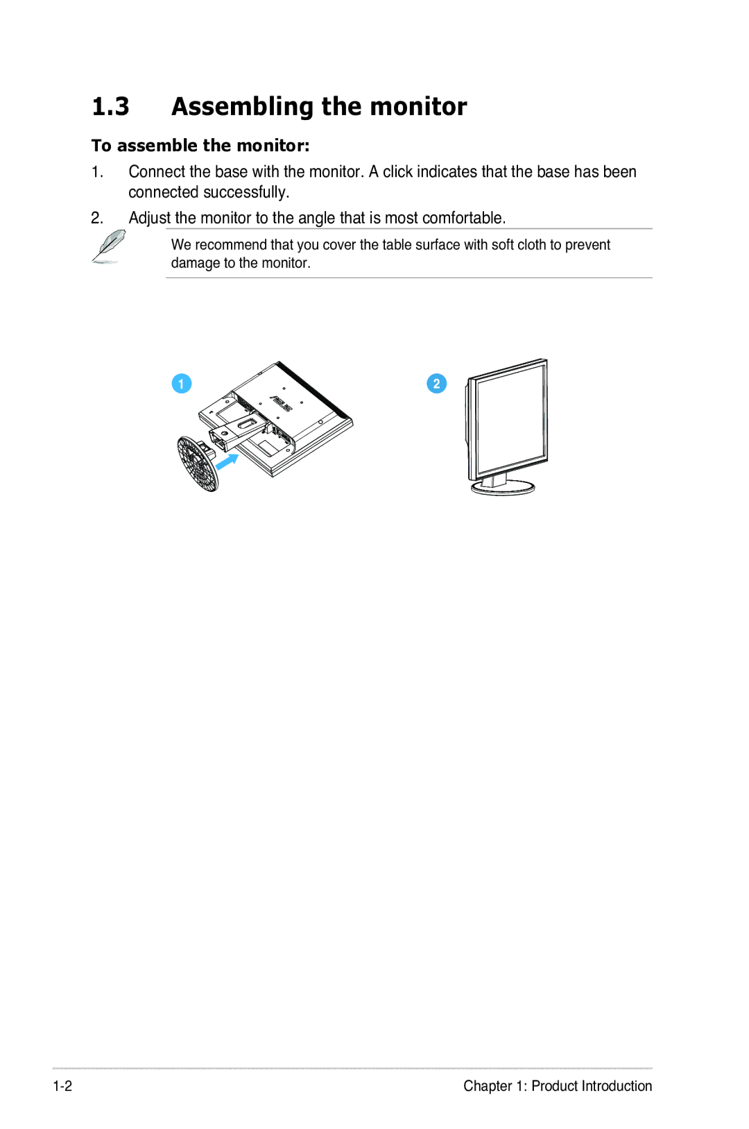 Asus VB199 Series manual Assembling the monitor, To assemble the monitor 