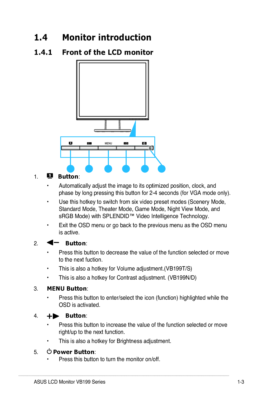 Asus VB199 Series manual Monitor introduction, Front of the LCD monitor, Menu Button, Power Button 